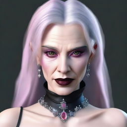 Generate an image of a Gothic vampire female, showcasing pink eyes, gray hair and wearing distinctive leather jewelry.