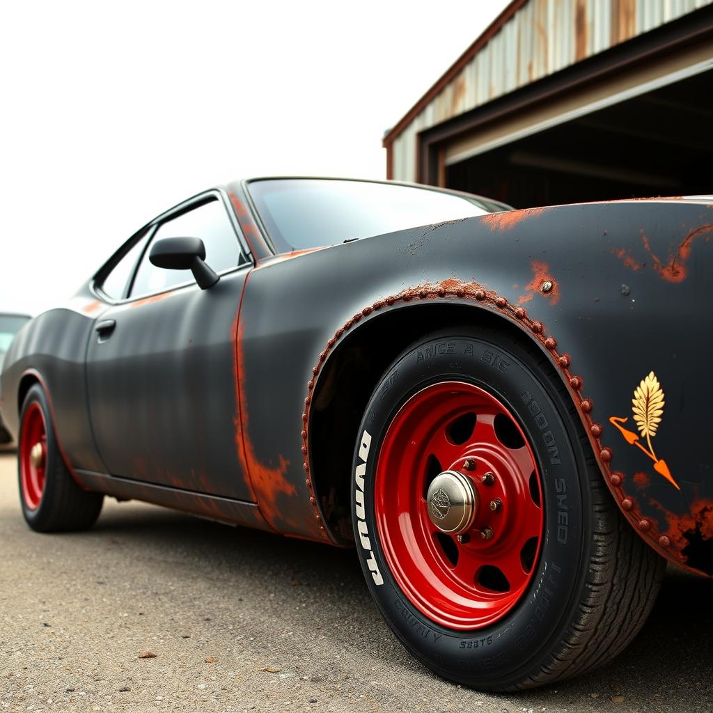 A black rusty rat rod styled 2006 Dodge Charger, featuring creatively riveted panels that emphasize its rugged aesthetic