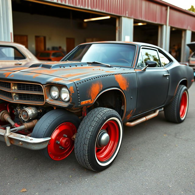 A black rusty rat rod styled 2006 Dodge Charger, featuring creatively riveted panels that emphasize its rugged aesthetic