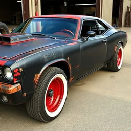 A black rusty rat rod styled 2006 Dodge Charger, featuring creatively riveted panels that emphasize its rugged aesthetic