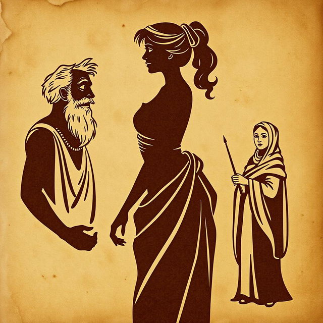 An ancient parchment background resembling papyrus features a silhouette of a young and beautiful Greek woman at the center