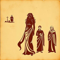 An ancient parchment background resembling papyrus features a silhouette of a young and beautiful Greek woman at the center
