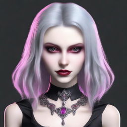 Generate an image of a young Gothic vampire female, with vivid pink eyes, gray hair, and adorned in stylish leather jewelry.