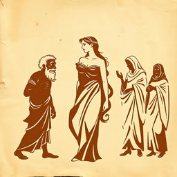 An ancient parchment background resembling papyrus features a silhouette of a young and beautiful Greek woman at the center