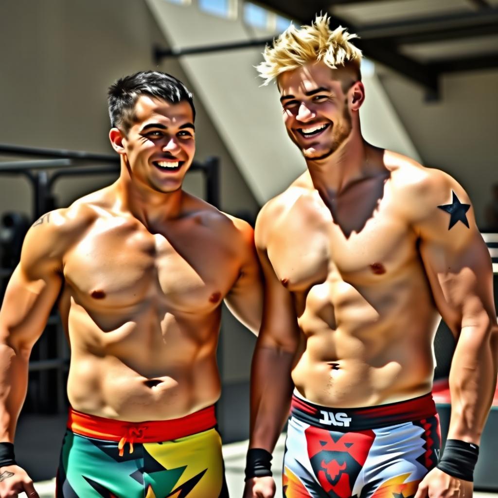 Two shirtless 22-year-old professional wrestlers enjoying each other's company, each wearing colorful wrestling trunks and sleeveless jerseys