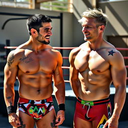 Two shirtless 22-year-old professional wrestlers enjoying each other's company, each wearing colorful wrestling trunks and sleeveless jerseys
