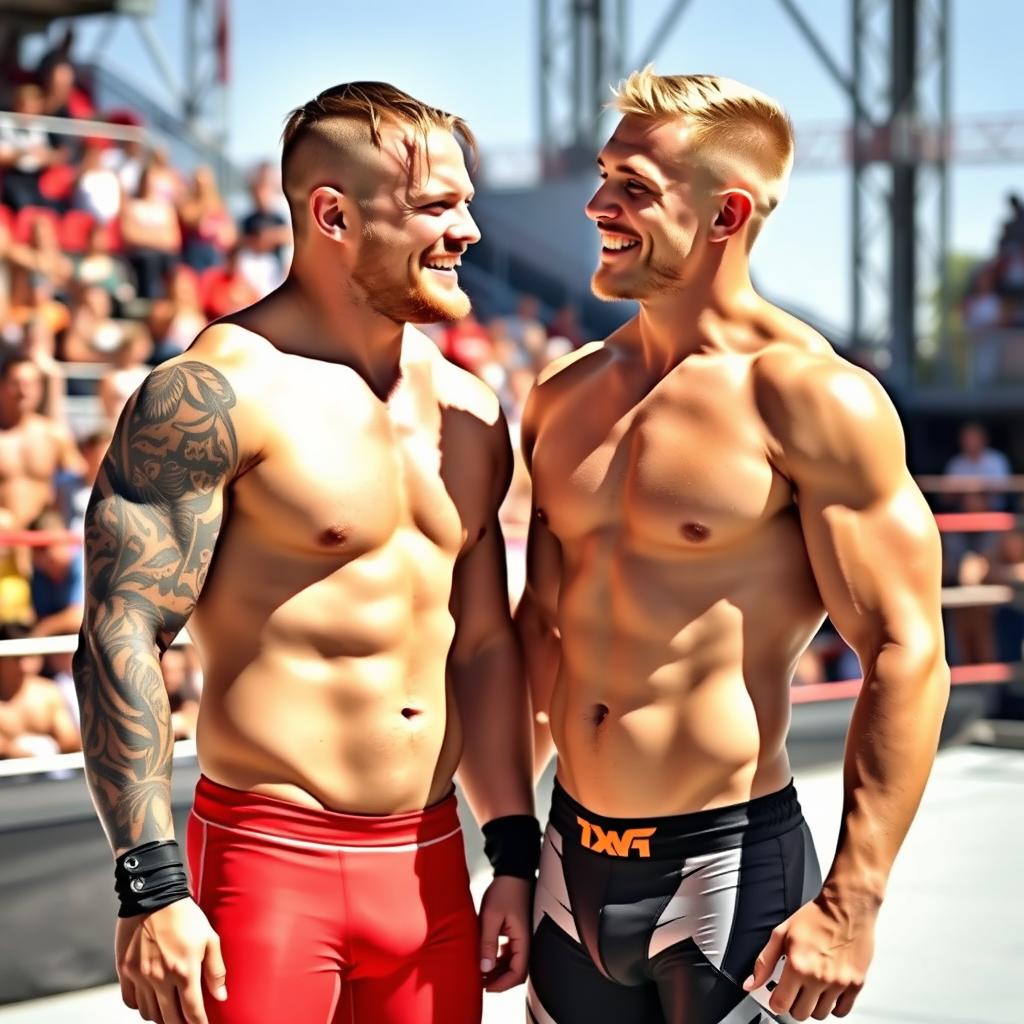 Two shirtless 22-year-old pro wrestlers having a relaxed moment together, one wrestler has a chiseled physique with tattoos on his arms, wearing tight wrestling trunks and a sleeveless jersey while the other wrestler has a muscular build and short hair, also in wrestling trunks, they are laughing and joking with each other, sunny outdoor setting with a vibrant background of a wrestling ring and cheering fans, capturing the camaraderie and energy of professional wrestling