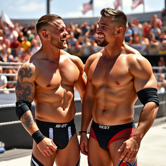 Two shirtless 22-year-old pro wrestlers having a relaxed moment together, one wrestler has a chiseled physique with tattoos on his arms, wearing tight wrestling trunks and a sleeveless jersey while the other wrestler has a muscular build and short hair, also in wrestling trunks, they are laughing and joking with each other, sunny outdoor setting with a vibrant background of a wrestling ring and cheering fans, capturing the camaraderie and energy of professional wrestling