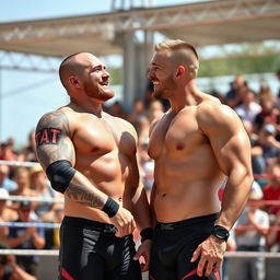 Two shirtless 22-year-old pro wrestlers having a relaxed moment together, one wrestler has a chiseled physique with tattoos on his arms, wearing tight wrestling trunks and a sleeveless jersey while the other wrestler has a muscular build and short hair, also in wrestling trunks, they are laughing and joking with each other, sunny outdoor setting with a vibrant background of a wrestling ring and cheering fans, capturing the camaraderie and energy of professional wrestling