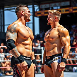 Two shirtless 22-year-old pro wrestlers having a relaxed moment together, one wrestler has a chiseled physique with tattoos on his arms, wearing tight wrestling trunks and a sleeveless jersey while the other wrestler has a muscular build and short hair, also in wrestling trunks, they are laughing and joking with each other, sunny outdoor setting with a vibrant background of a wrestling ring and cheering fans, capturing the camaraderie and energy of professional wrestling