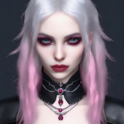 Generate an image of a young Gothic vampire female, with vivid pink eyes, gray hair, and adorned in stylish leather jewelry.