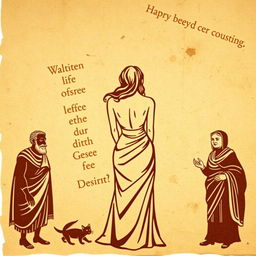 An ancient papyrus background featuring silhouettes depicting a beautiful young Greek woman seen from behind in the center, a decrepit old Greek man smiling with desire on the left, and the silhouettes of a servant and a grumpy Greek woman on the right