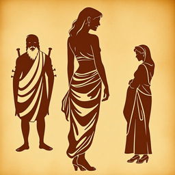 An ancient papyrus background featuring silhouettes depicting a beautiful young Greek woman seen from behind in the center, a decrepit old Greek man smiling with desire on the left, and the silhouettes of a servant and a grumpy Greek woman on the right