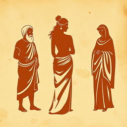 An ancient papyrus background featuring silhouettes depicting a beautiful young Greek woman seen from behind in the center, a decrepit old Greek man smiling with desire on the left, and the silhouettes of a servant and a grumpy Greek woman on the right