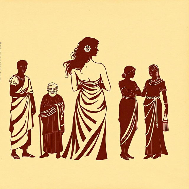 An ancient papyrus background featuring silhouettes depicting a beautiful young Greek woman seen from behind in the center, a decrepit old Greek man smiling with desire on the left, and the silhouettes of a servant and a grumpy Greek woman on the right