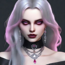 Generate an image of a young Gothic vampire female, with vivid pink eyes, gray hair, and adorned in stylish leather jewelry.