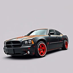 A lowered black rusty rat rod styled 2006 Dodge Charger, featuring riveted panels that accentuate its rugged look
