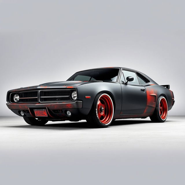 A lowered black rusty rat rod styled 2006 Dodge Charger, featuring riveted panels that accentuate its rugged look