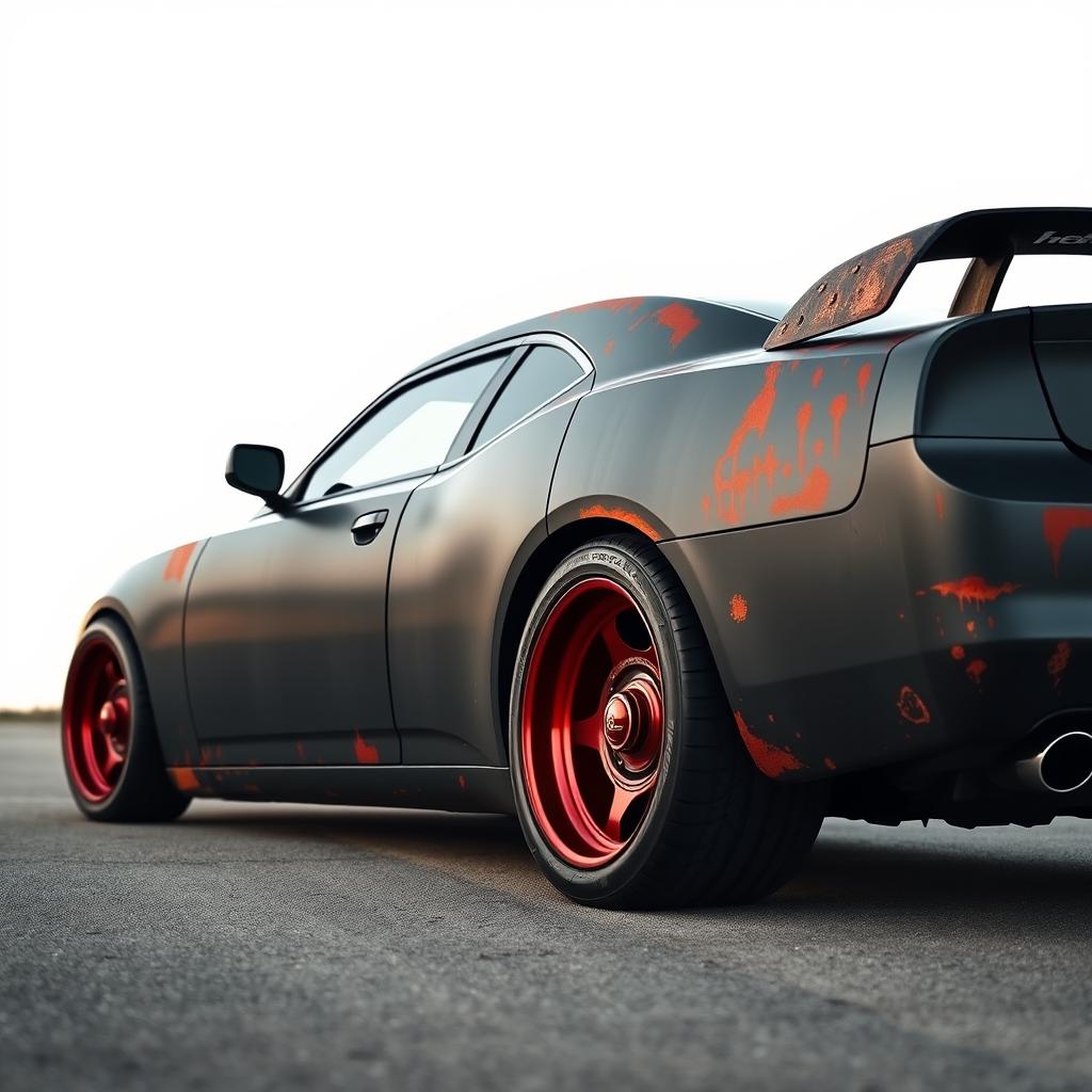 A lowered black rusty rat rod styled 2006 Dodge Charger, featuring riveted panels that accentuate its rugged look