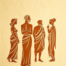 A comedic scene depicted on an ancient papyrus background