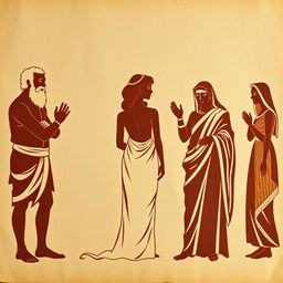 A comedic scene depicted on an ancient papyrus background