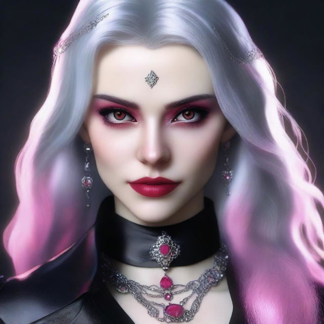 Generate an image of a young Gothic vampire female, with vivid pink eyes, gray hair, and adorned in stylish leather jewelry.