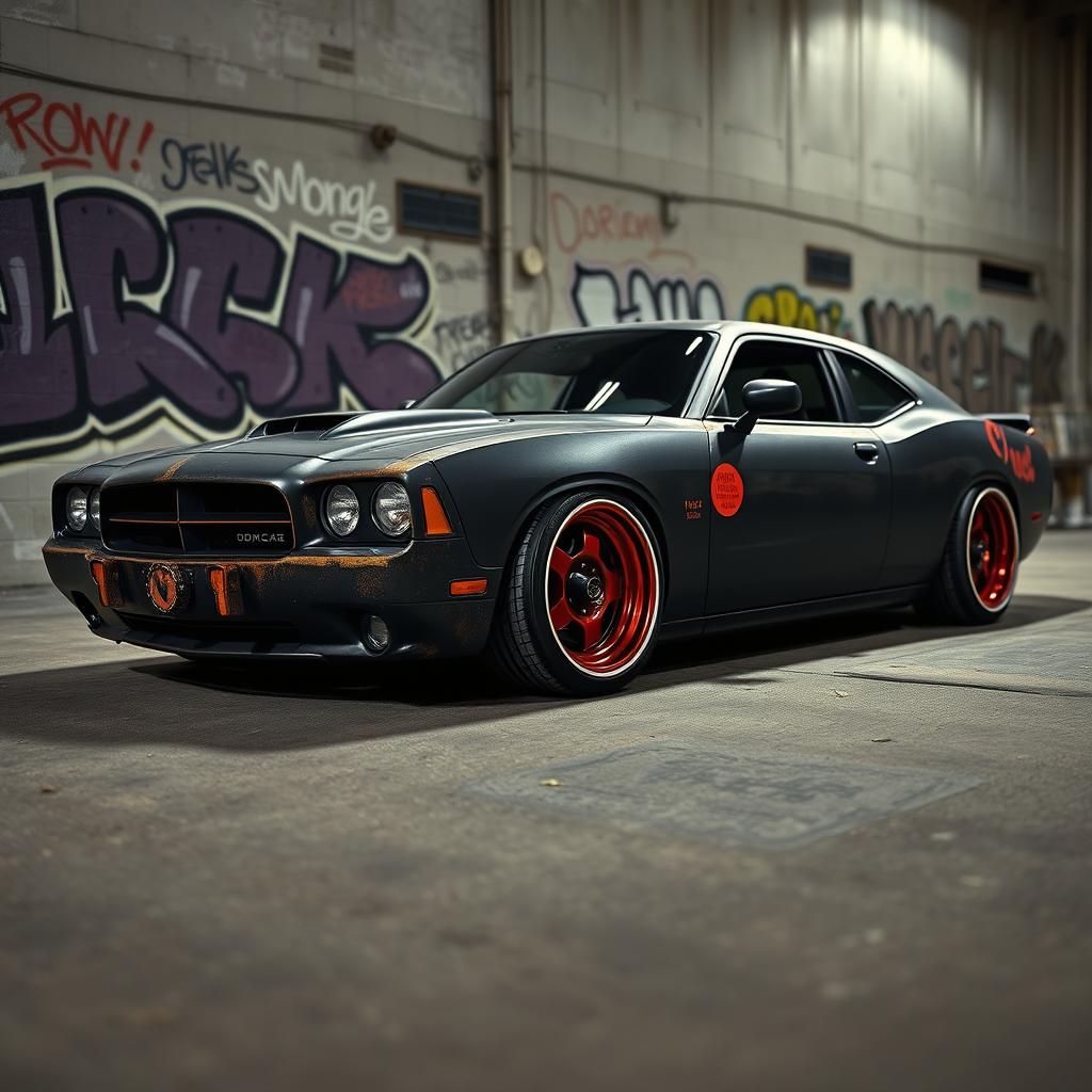 A stunningly lowered black rusty rat rod styled 2006 Dodge Charger, featuring riveted panels that add a unique touch