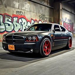A stunningly lowered black rusty rat rod styled 2006 Dodge Charger, featuring riveted panels that add a unique touch