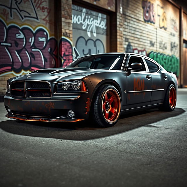 A stunningly lowered black rusty rat rod styled 2006 Dodge Charger, featuring riveted panels that add a unique touch