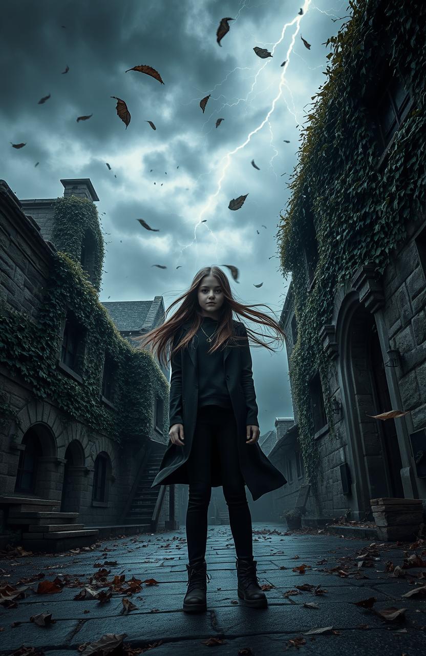 A dramatic scene set in a dark academia environment featuring an atmospheric windstorm swirling around a teenage girl