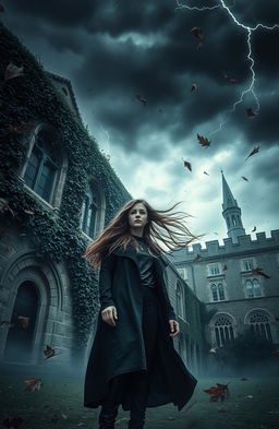 A dramatic scene set in a dark academia environment featuring an atmospheric windstorm swirling around a teenage girl