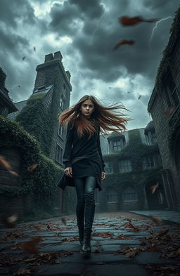 A dramatic scene set in a dark academia environment featuring an atmospheric windstorm swirling around a teenage girl