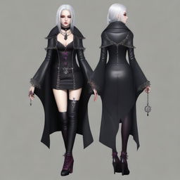 Generate a full body image of a young Gothic vampire female, with glistening pink eyes, gray hair, and bedecked in stylish leather jewelry