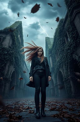 A dramatic scene set in a dark academia environment featuring an atmospheric windstorm swirling around a teenage girl