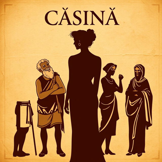 An ancient Greek comedy poster titled 'Cásina', featuring the title in a font that mimics ancient Greek letters