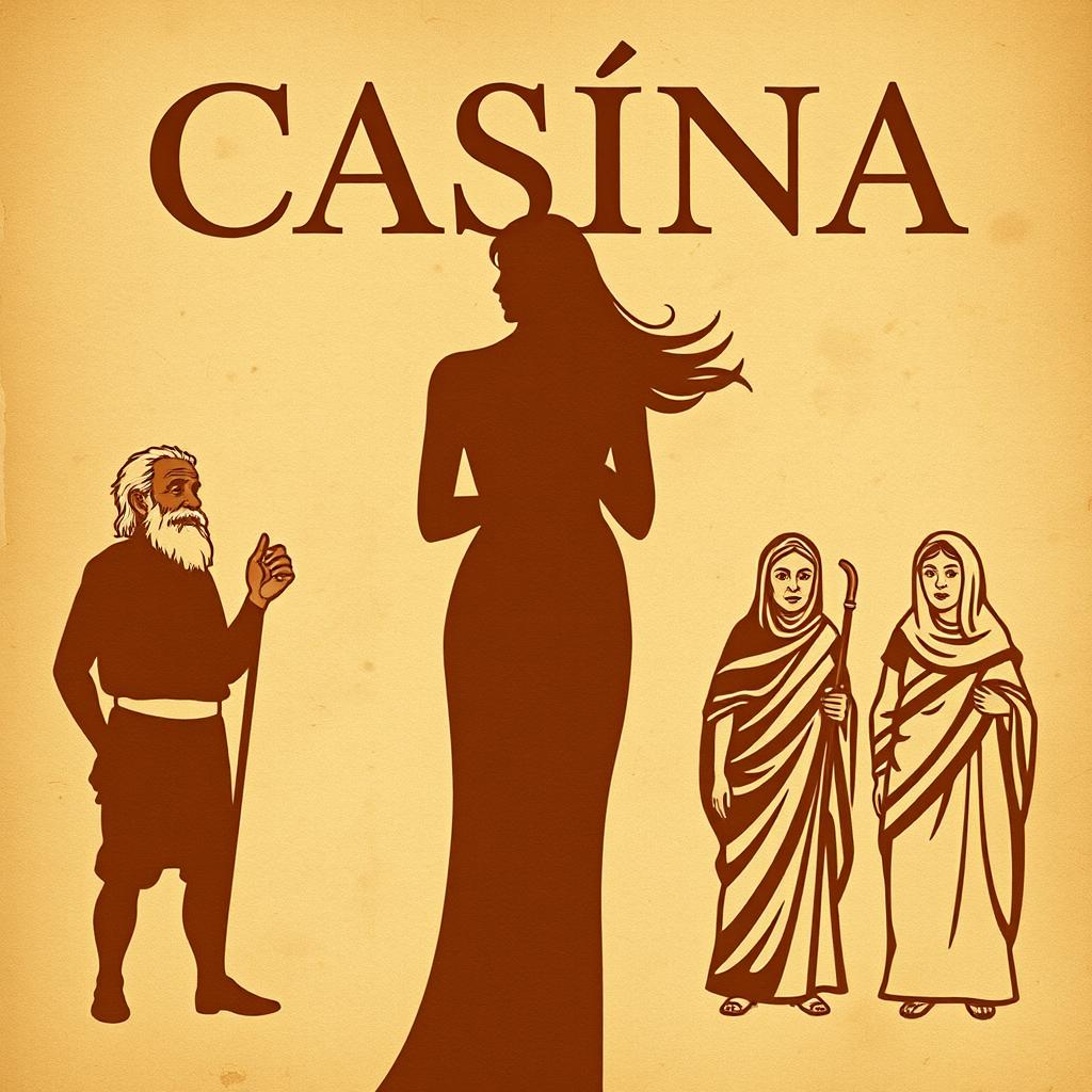 An ancient Greek comedy poster titled 'Cásina', featuring the title in a font that mimics ancient Greek letters