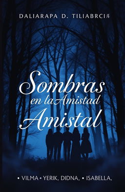 A captivating book cover for the mystery novel titled "Sombras en la Amistad" featuring dark, enigmatic shadows intertwined with elements symbolizing betrayal and drama