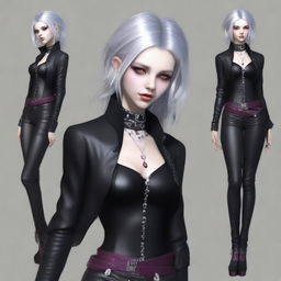 Generate a full body image of a young Gothic vampire female, with glistening pink eyes, gray hair, and bedecked in stylish leather jewelry