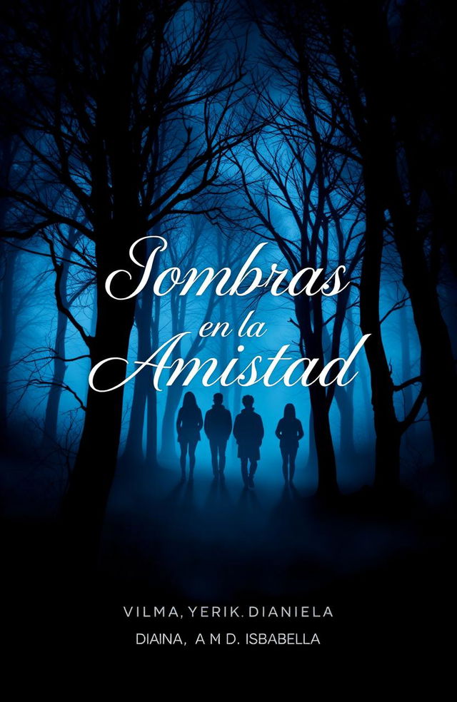 A captivating book cover for the mystery novel titled "Sombras en la Amistad" featuring dark, enigmatic shadows intertwined with elements symbolizing betrayal and drama