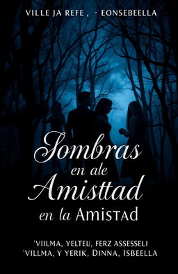 A captivating book cover for the mystery novel titled "Sombras en la Amistad" featuring dark, enigmatic shadows intertwined with elements symbolizing betrayal and drama