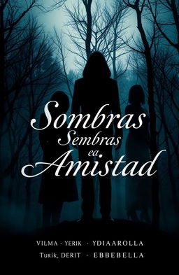 A captivating book cover for the mystery novel titled "Sombras en la Amistad" featuring dark, enigmatic shadows intertwined with elements symbolizing betrayal and drama