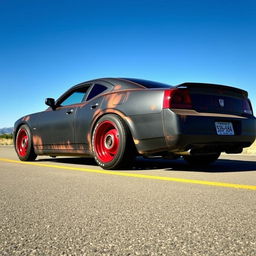 A lowered black rusty rat rod 2006 Dodge Charger featuring riveted panels, red rims with dome center caps, and fat white wall tires