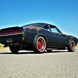 A lowered black rusty rat rod 2006 Dodge Charger featuring riveted panels, red rims with dome center caps, and fat white wall tires