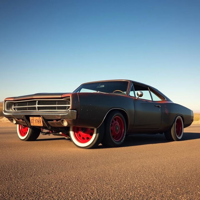 A lowered black rusty rat rod 2006 Dodge Charger featuring riveted panels, red rims with dome center caps, and fat white wall tires