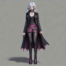 Generate a full body image of a young Gothic vampire female, with glistening pink eyes, gray hair, and bedecked in stylish leather jewelry