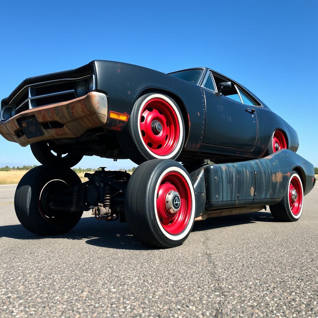 A lowered black rusty rat rod 2006 Dodge Charger featuring riveted panels, red rims with dome center caps, and fat white wall tires