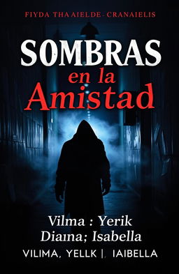 A dark and suspenseful book cover for the mystery novel titled "Sombras en la Amistad"