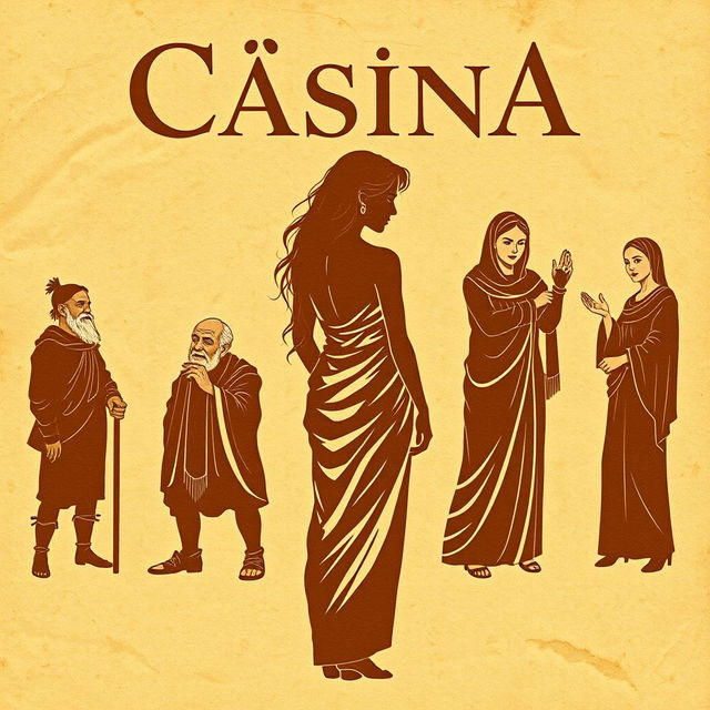 A poster titled 'Cásina', featuring the title in a font resembling ancient Greek letters