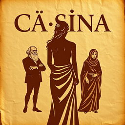 A poster titled 'Cásina', featuring the title in a font resembling ancient Greek letters
