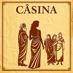 A poster titled 'Cásina', featuring the title in a font resembling ancient Greek letters